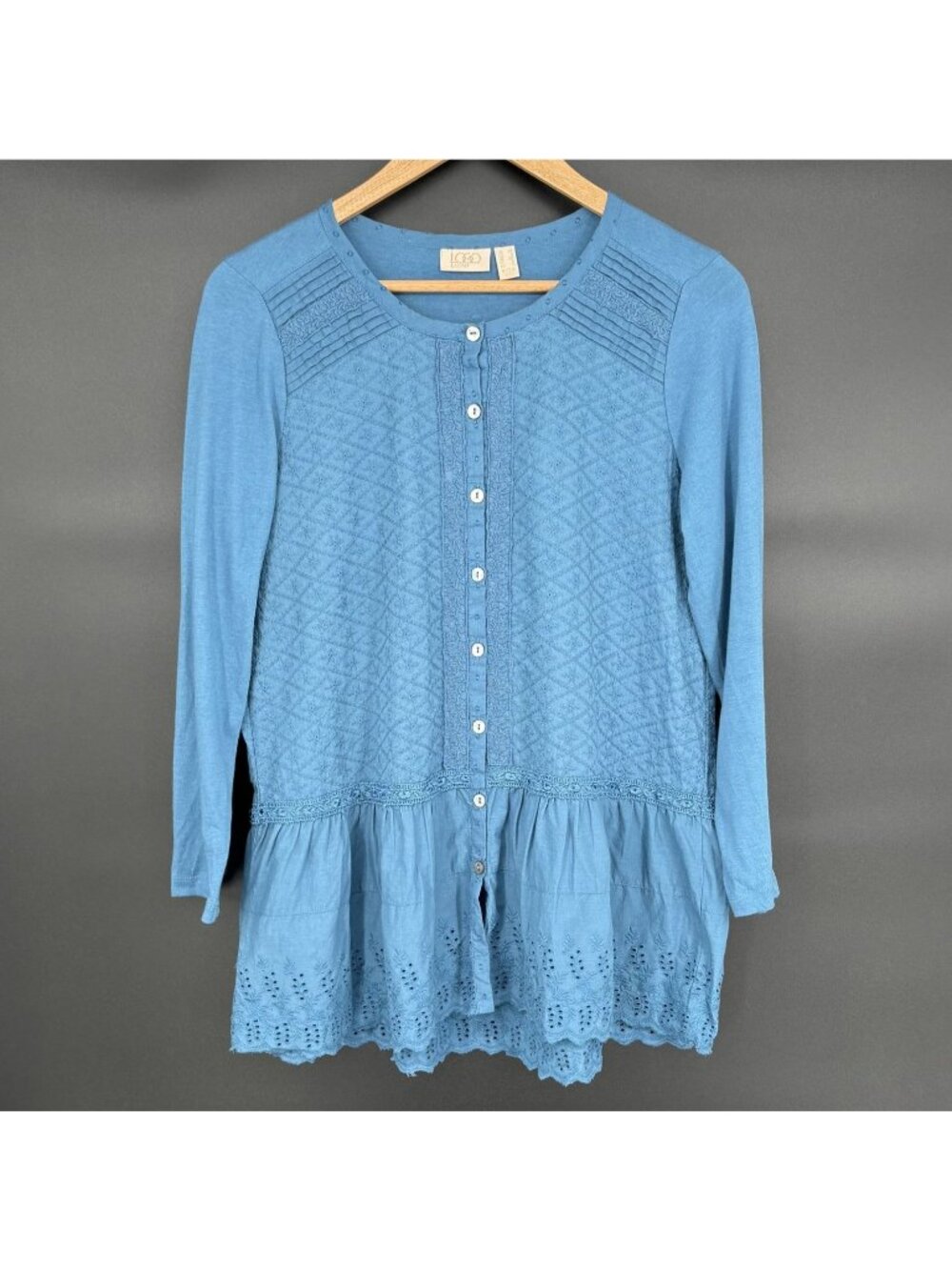 LOGO Lori Goldstein Women's Boho Embroidered Peplum Tunic Top XS Blue Eyelet Hem